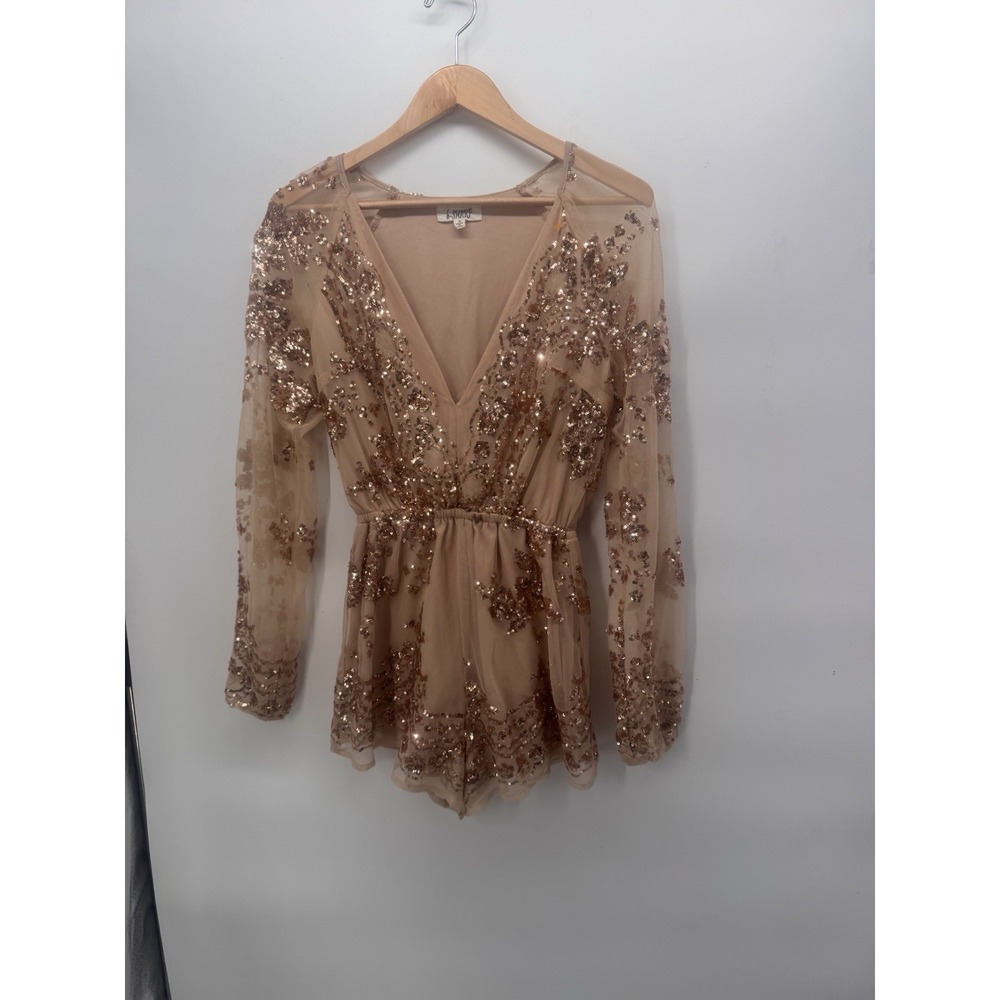 gold babydoll Women's Romper Lined Mesh Sequins Long Sleeve sz Small V-Neck